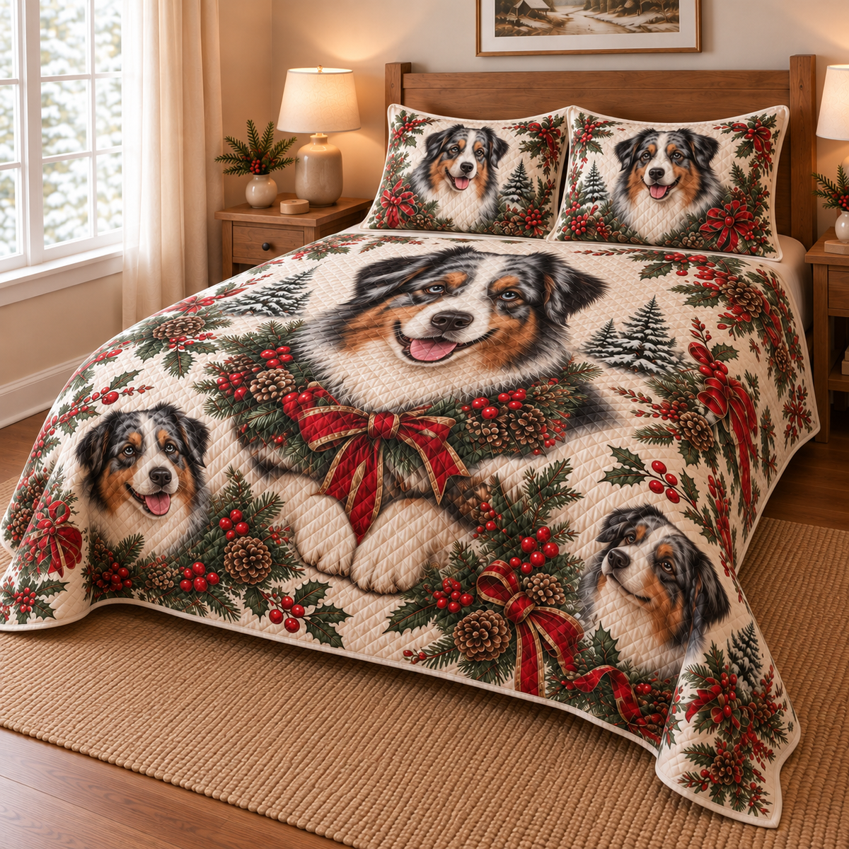 Australian Shepherd Christmas Wreath Quilt Set, low side-angle bedroom view