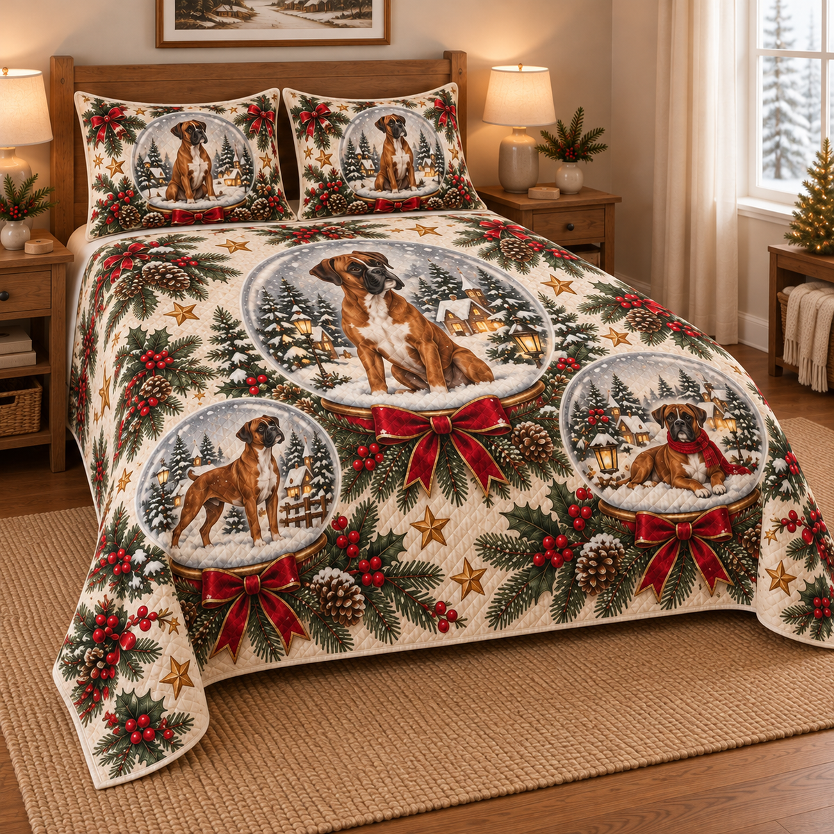 Boxer Winter Snow Globes Christmas Quilt Set, low side-angle bedroom view