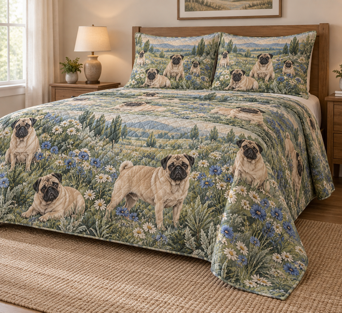 Pug Wildflower Meadow Quilt Set, low side-angle bedroom view