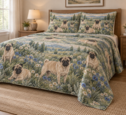 Pug Wildflower Meadow Quilt Set, low side-angle bedroom view