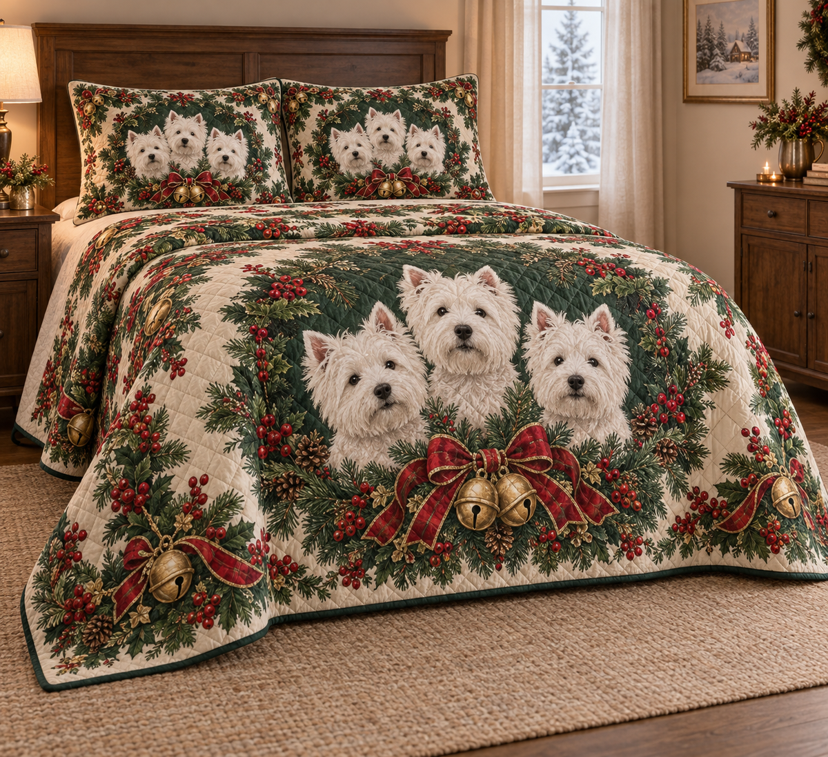 West Highland White Terrier Christmas Wreath Quilt Set, low side-angle bedroom view