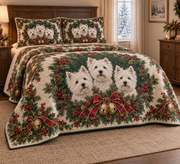 West Highland White Terrier Christmas Wreath Quilt Set, low side-angle bedroom view