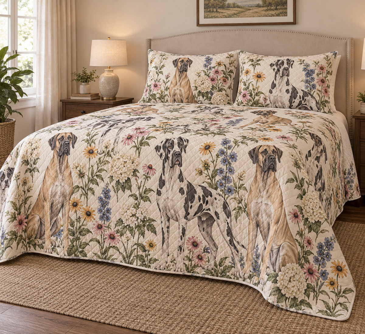 Great Dane Cottage Floral Quilt Set, low side-angle bedroom view