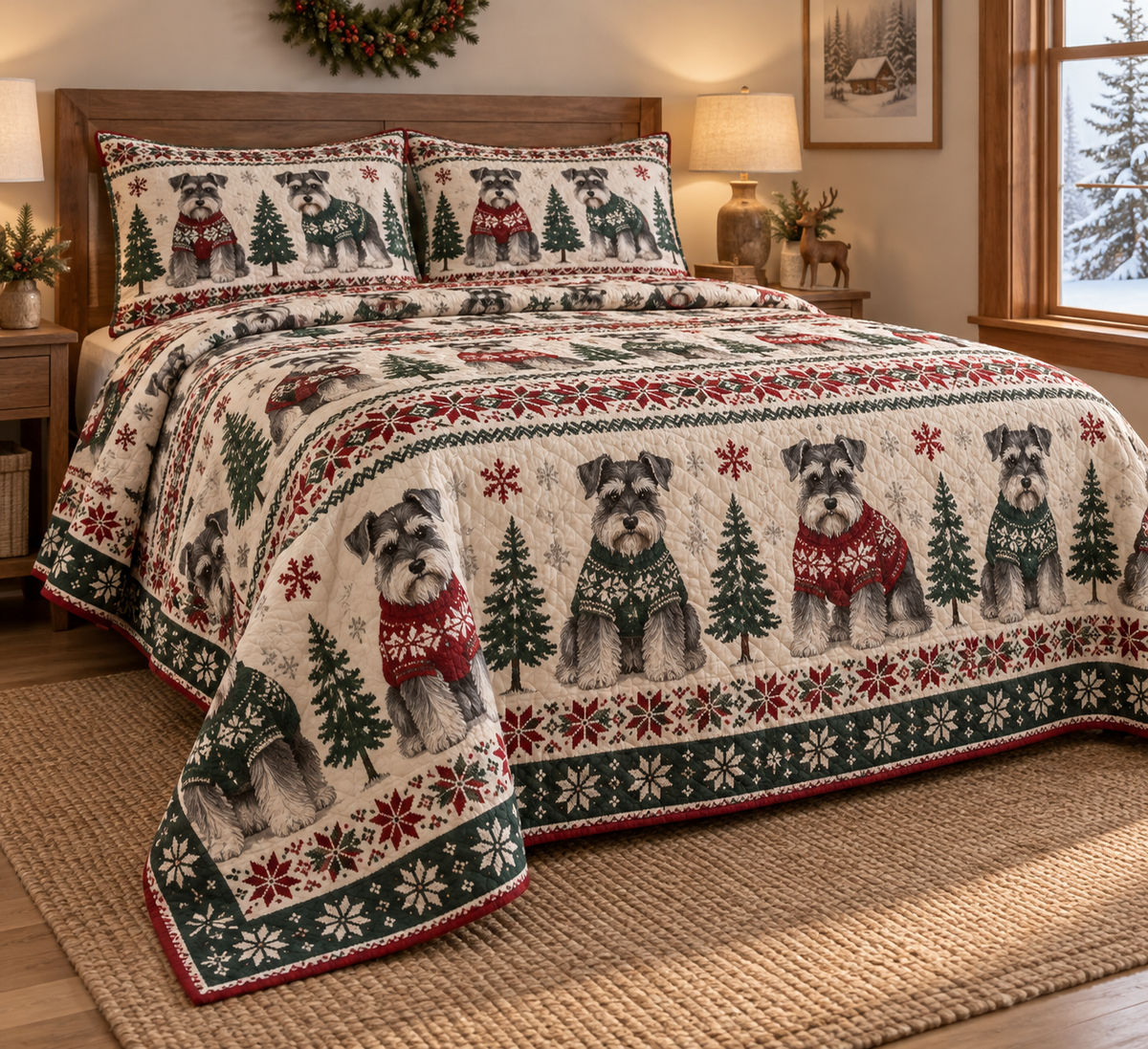 Schnauzer Cozy Sweater Christmas Quilt Set, low side-angle bedroom view