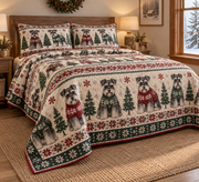 Schnauzer Cozy Sweater Christmas Quilt Set, low side-angle bedroom view