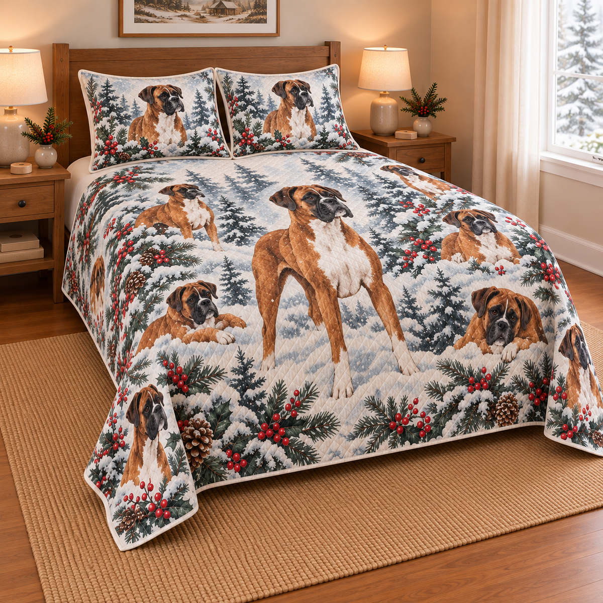 Boxer Snowy Watercolor Christmas Quilt Set, low side-angle bedroom view