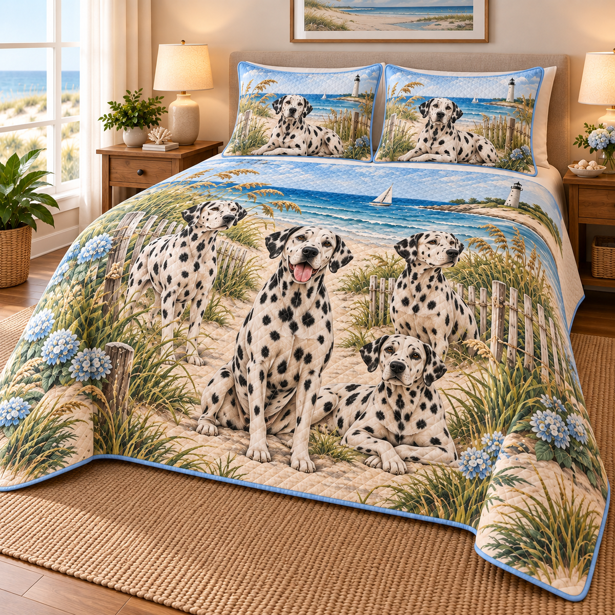 Dalmatian Coastal Morning Quilt Set, low side-angle bedroom view