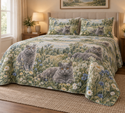 British Shorthair Cat Wildflower Meadow Quilt Set, low side-angle bedroom view