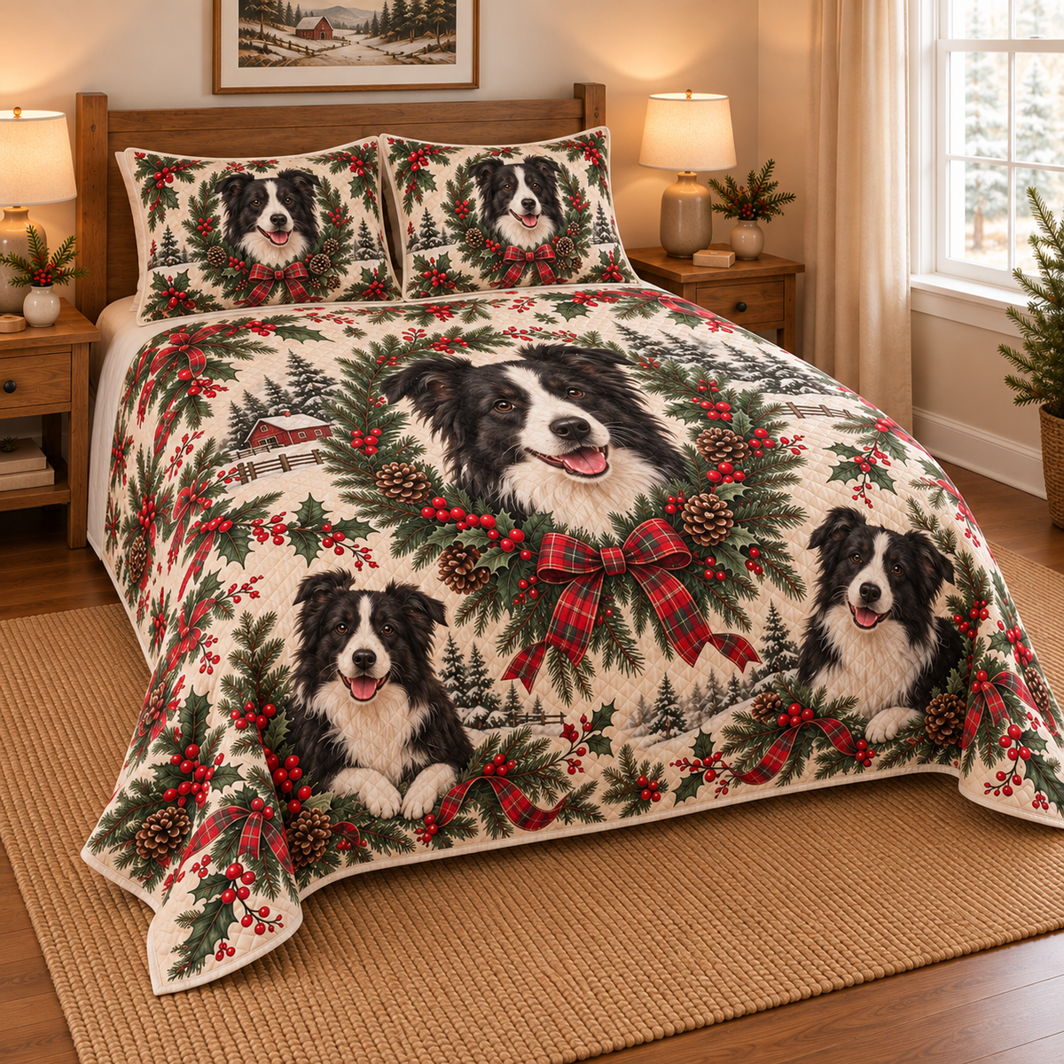 Border Collie Christmas Wreath Quilt Set, low side-angle bedroom view