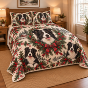 Border Collie Christmas Wreath Quilt Set, low side-angle bedroom view