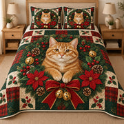 Orange Tabby Cat Christmas Wreath Quilt Set, matching mockup detail view