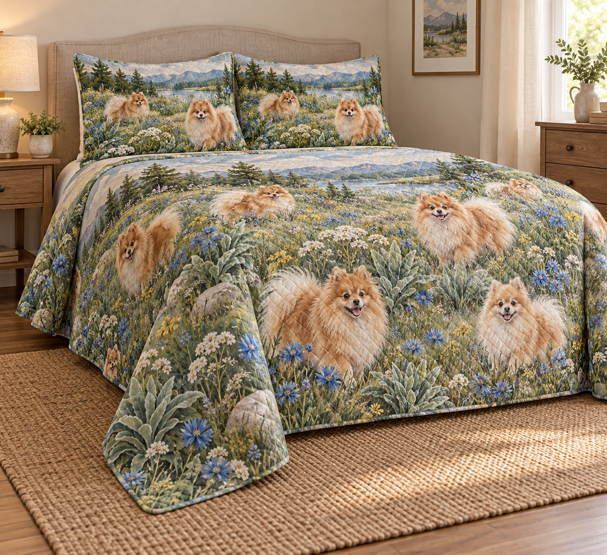 Pomeranian Wildflower Meadow Quilt Set, low side-angle bedroom view