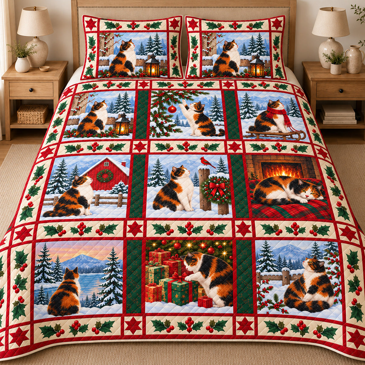 Calico Cat Vintage Postcards Christmas Quilt Set, matching mockup detail view