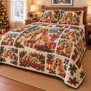 Cocker Spaniel Gifts and Puppies Christmas Quilt Set, low side-angle bedroom view