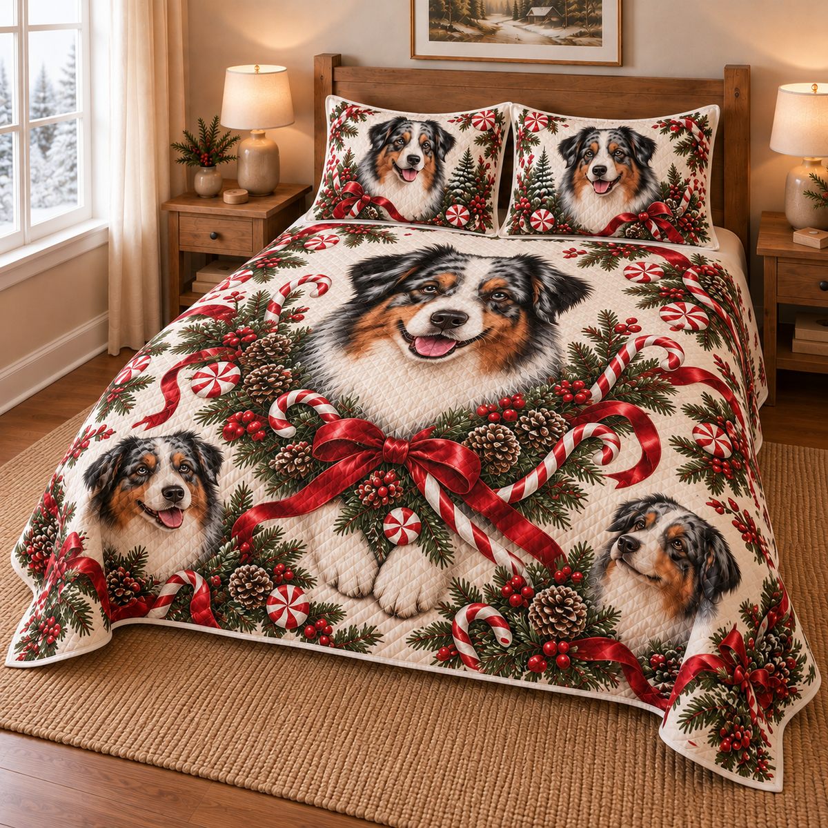 Australian Shepherd Peppermint Ribbons Christmas Quilt Set, low side-angle bedroom view