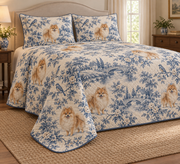 Pomeranian Blue Country Toile Quilt Set, low side-angle bedroom view