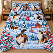 Calico Cat Snowy Watercolor Christmas Quilt Set, matching mockup detail view