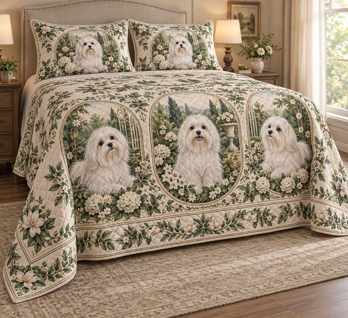Maltese Garden Cameos Quilt Set, low side-angle bedroom view