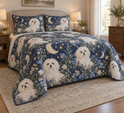 Maltese Celestial Night Quilt Set, low side-angle bedroom view