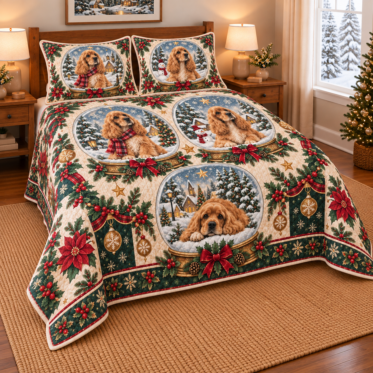 Cocker Spaniel Winter Snow Globes Christmas Quilt Set, low side-angle bedroom view