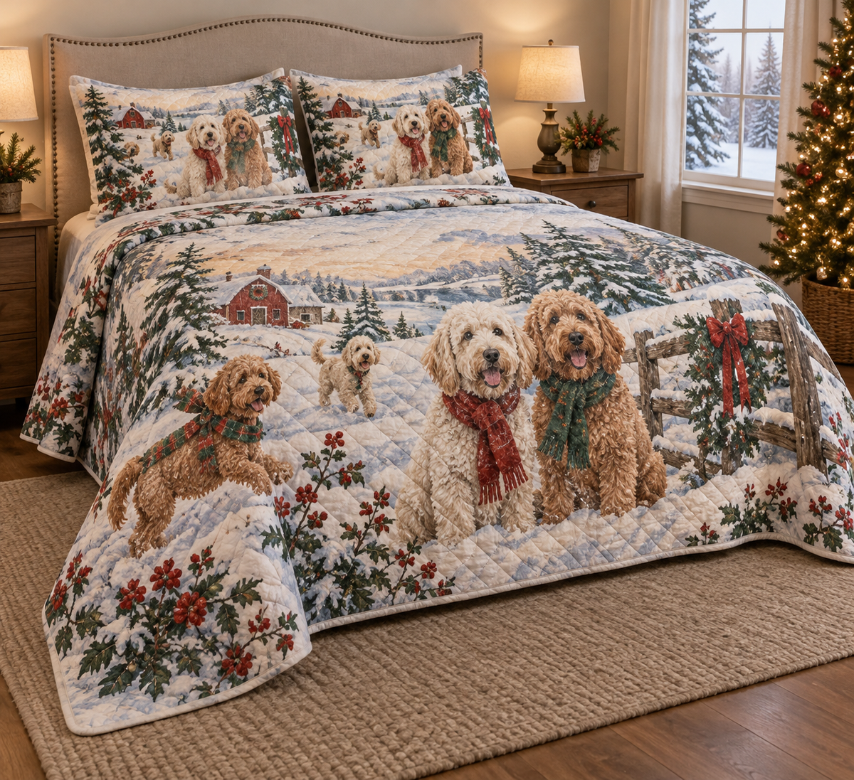 Labradoodle Vintage Postcards Christmas Quilt Set, low side-angle bedroom view