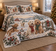 Labradoodle Vintage Postcards Christmas Quilt Set, low side-angle bedroom view