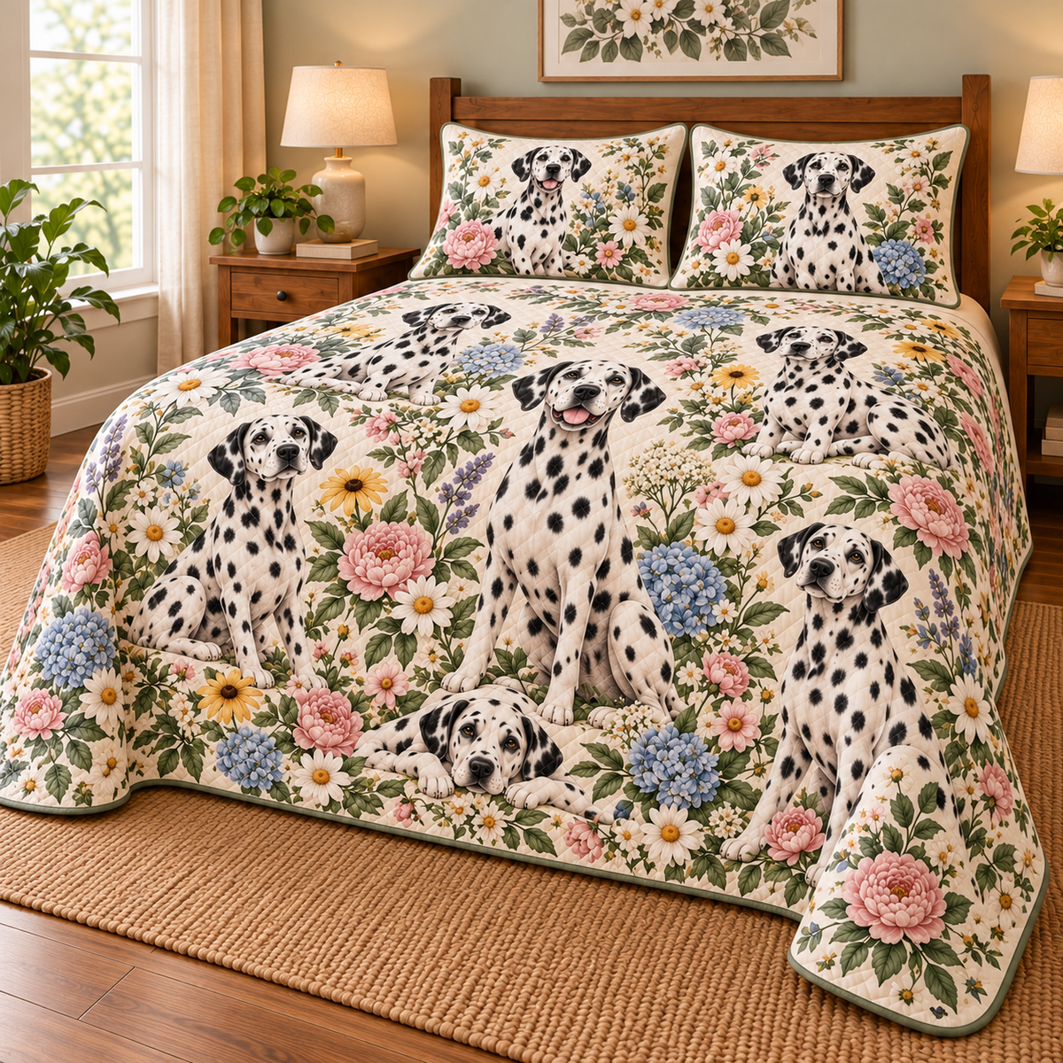 Dalmatian Cottage Floral Quilt Set, low side-angle bedroom view