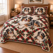 Australian Shepherd Heritage Tartan Christmas Quilt Set, low side-angle bedroom view