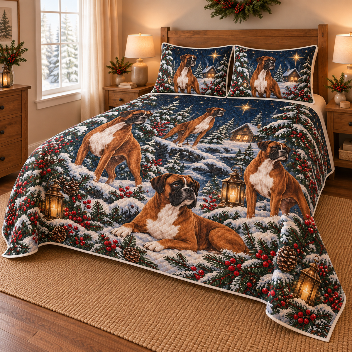 Boxer Starlit Christmas Forest Quilt Set, low side-angle bedroom view