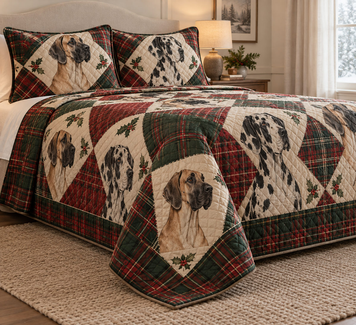 Great Dane Heritage Tartan Christmas Quilt Set, low side-angle bedroom view