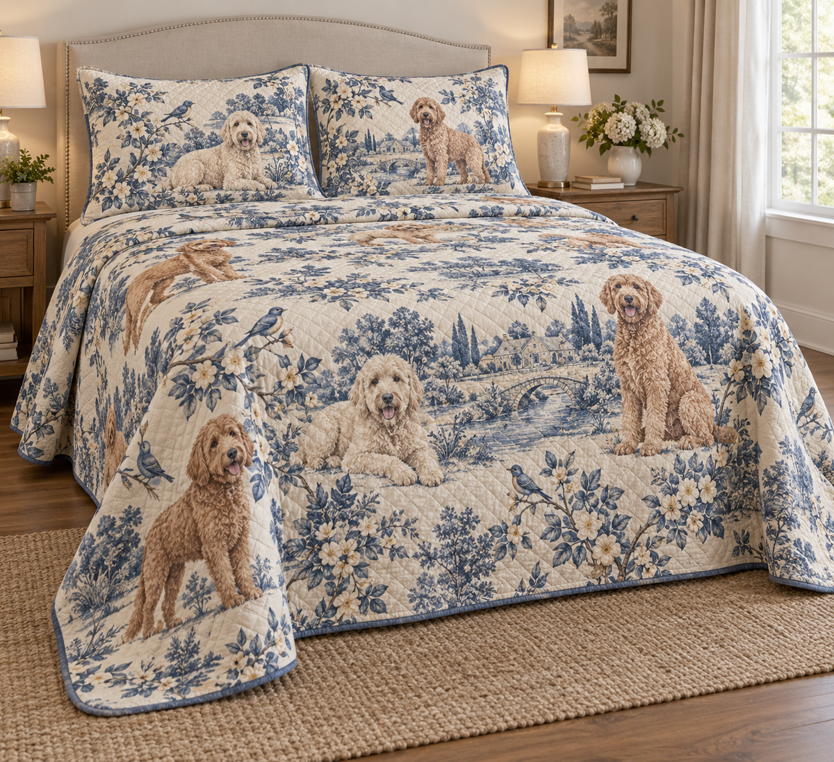 Labradoodle Blue Country Toile Quilt Set, low side-angle bedroom view