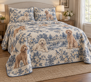 Labradoodle Blue Country Toile Quilt Set, low side-angle bedroom view
