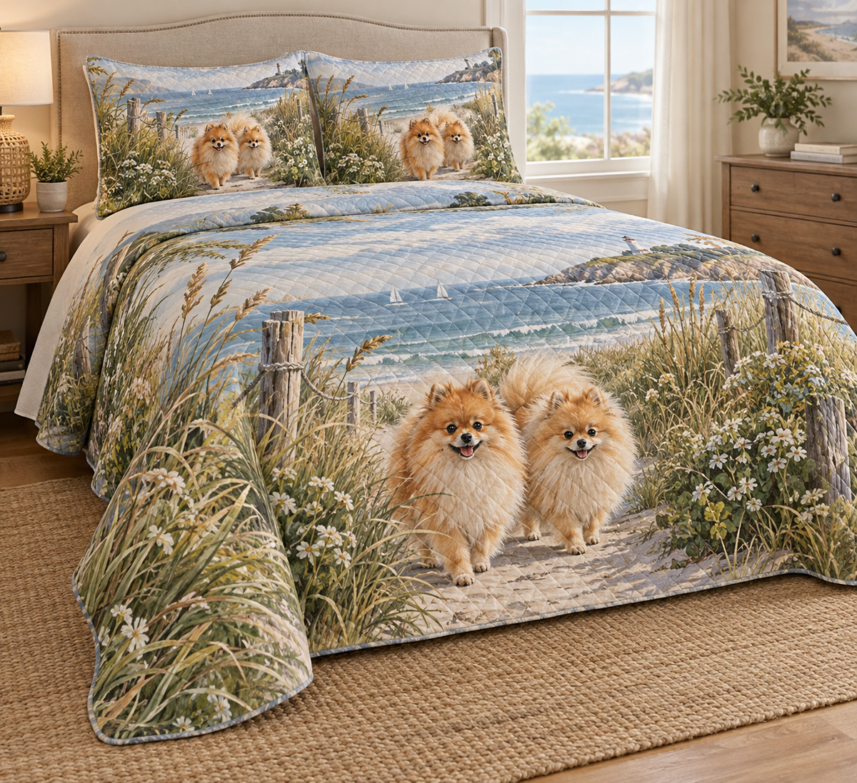 Pomeranian Coastal Morning Quilt Set, low side-angle bedroom view