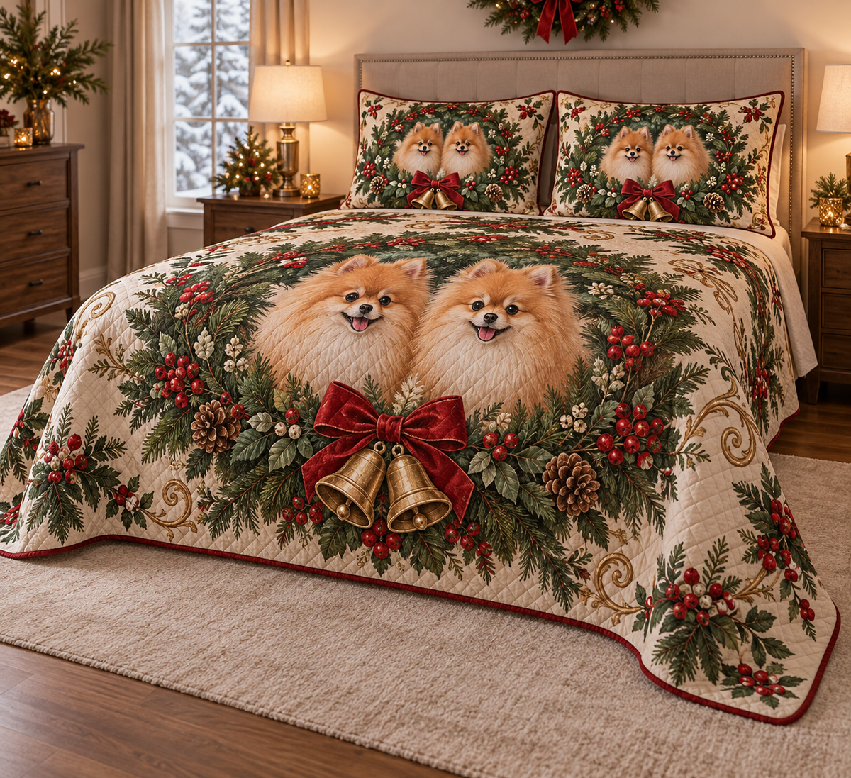 Pomeranian Christmas Wreath Quilt Set, low side-angle bedroom view