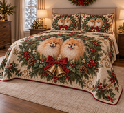 Pomeranian Christmas Wreath Quilt Set, low side-angle bedroom view
