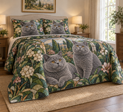 British Shorthair Cat Garden Stained Glass Quilt Set, low side-angle bedroom view