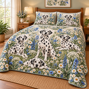 Dalmatian Wildflower Meadow Quilt Set, low side-angle bedroom view