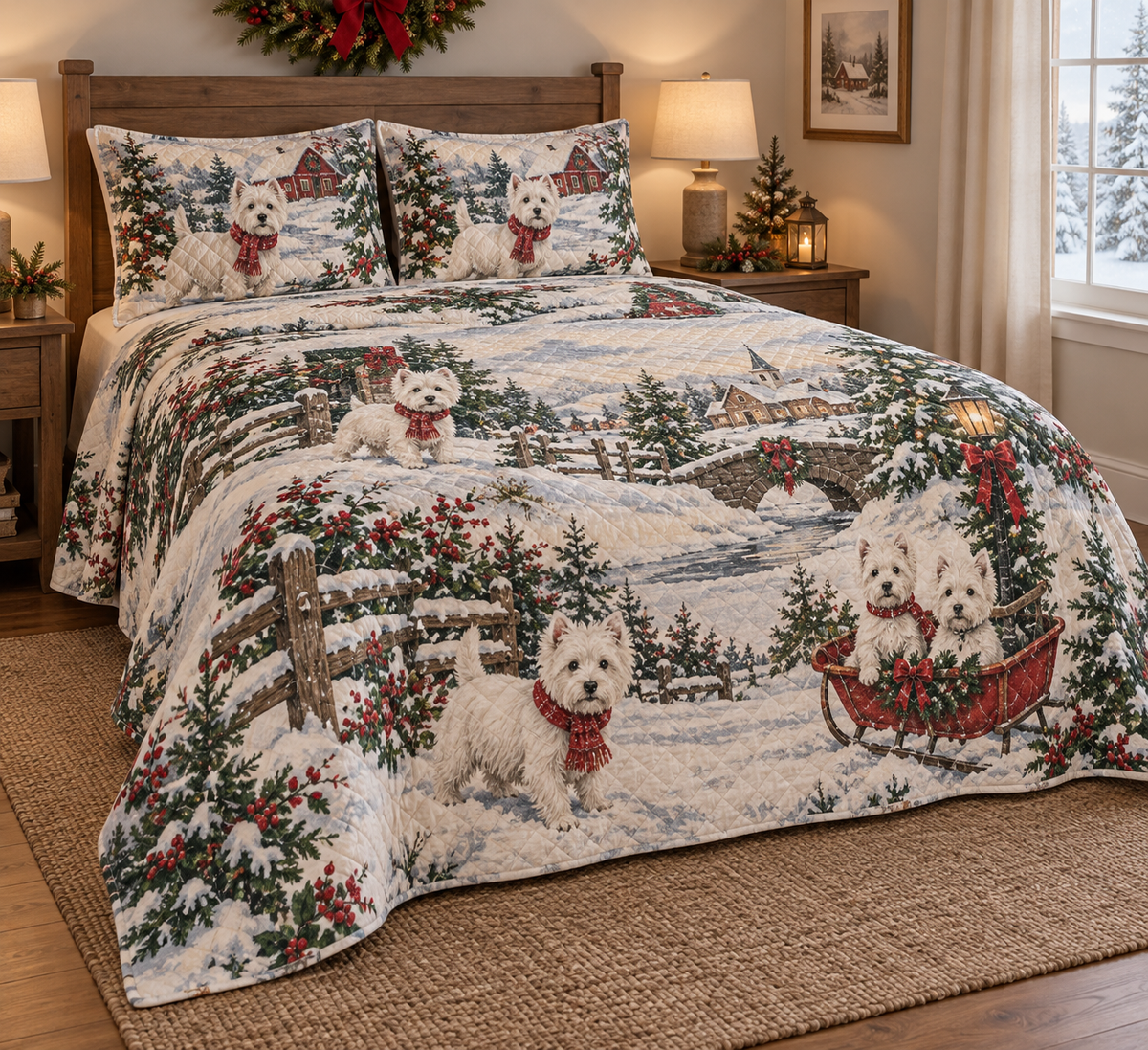 West Highland White Terrier Vintage Postcards Christmas Quilt Set, low side-angle bedroom view