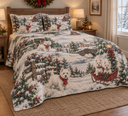 West Highland White Terrier Vintage Postcards Christmas Quilt Set, low side-angle bedroom view