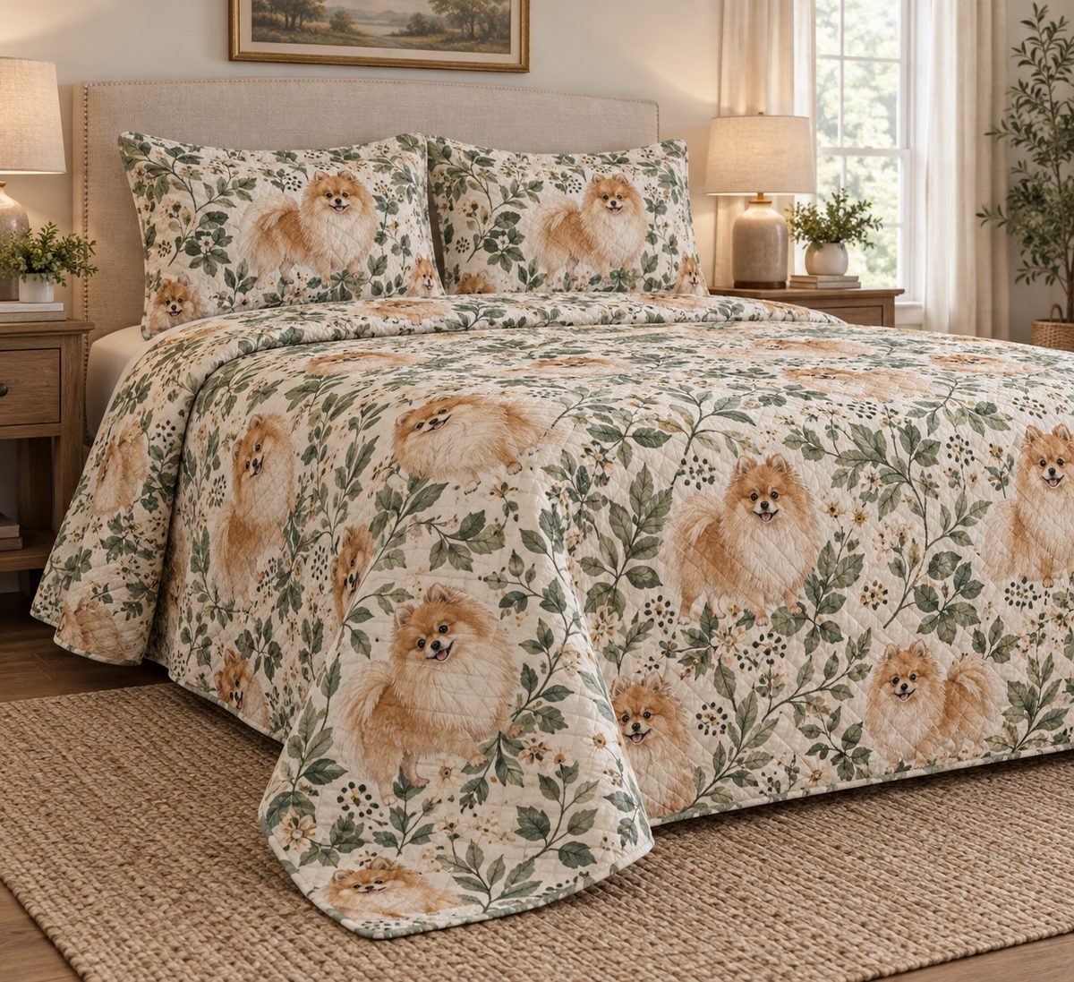 Pomeranian Spotted Botanical Quilt Set, low side-angle bedroom view