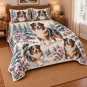 Australian Shepherd Snowy Watercolor Christmas Quilt Set, low side-angle bedroom view
