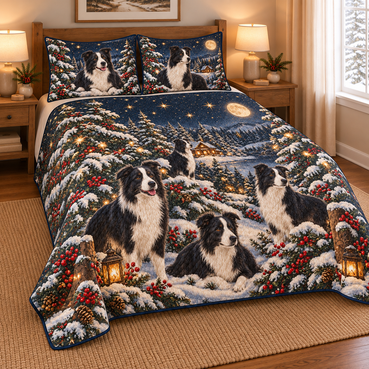 Border Collie Starlit Christmas Forest Quilt Set, low side-angle bedroom view