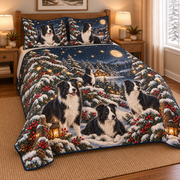 Border Collie Starlit Christmas Forest Quilt Set, low side-angle bedroom view