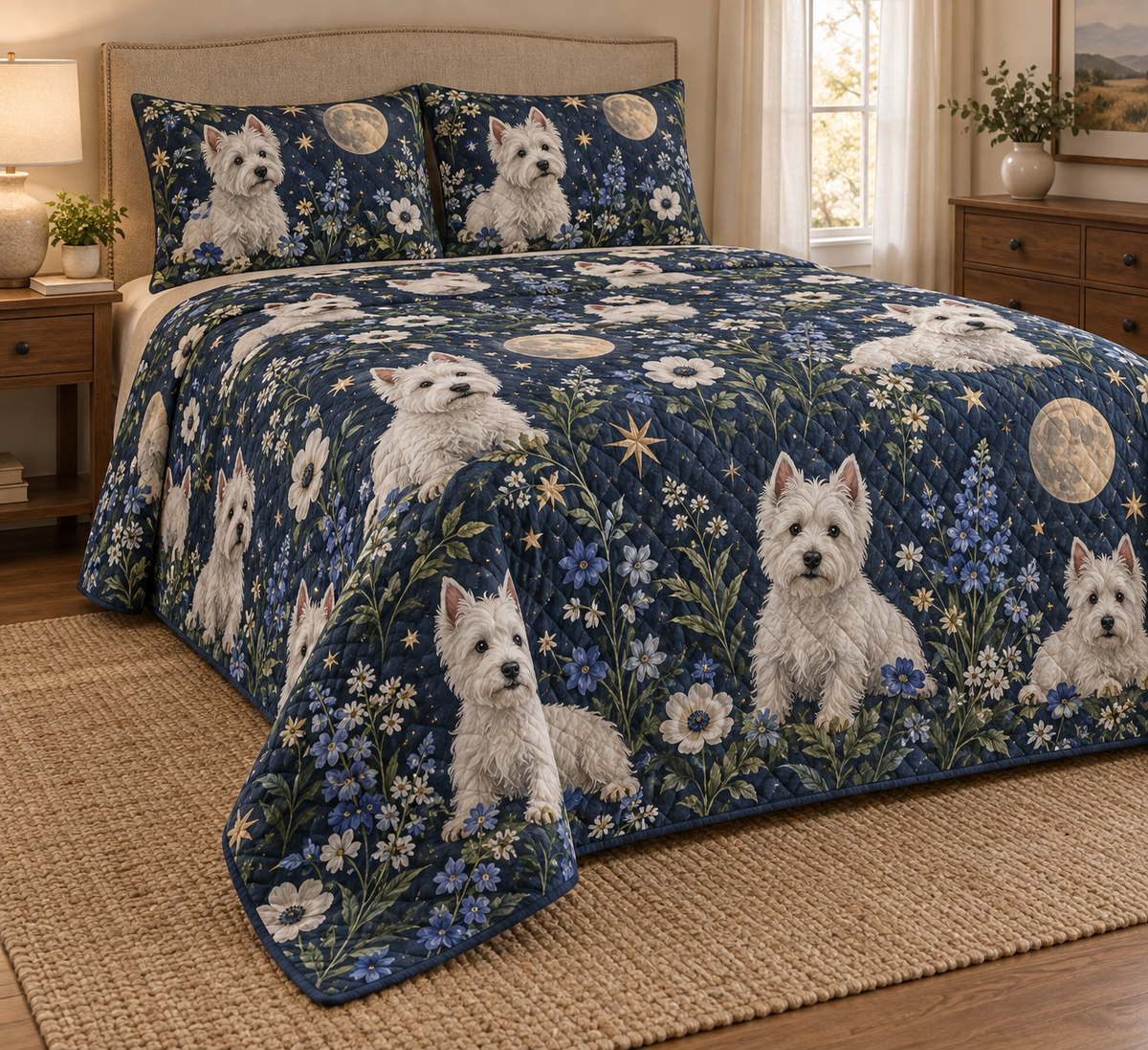 West Highland White Terrier Celestial Night Quilt Set, low side-angle bedroom view