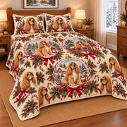 Cocker Spaniel Peppermint Ribbons Christmas Quilt Set, low side-angle bedroom view