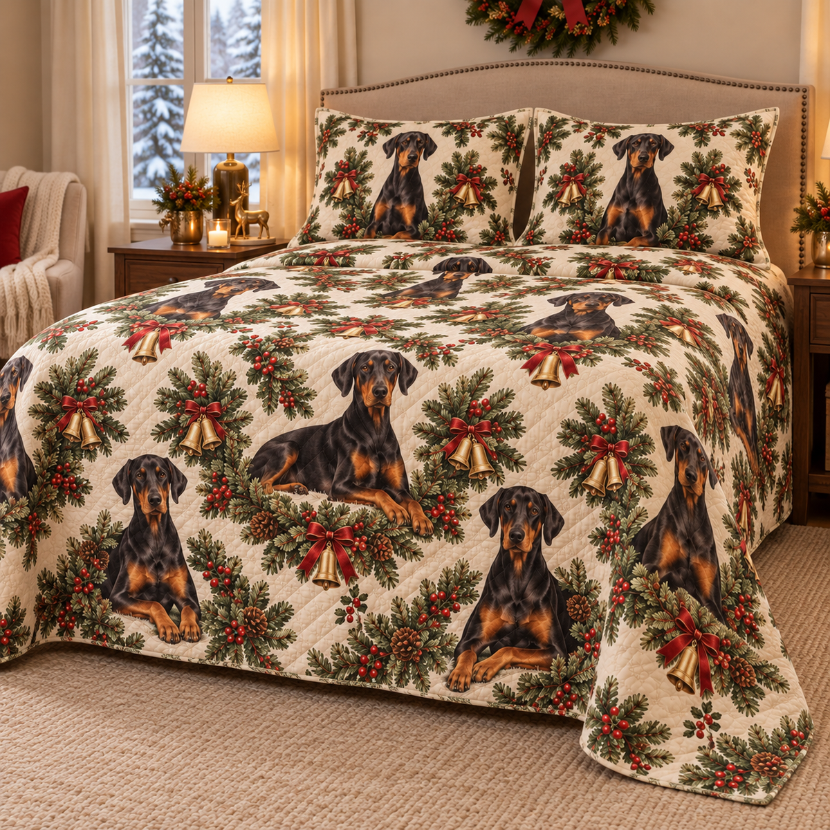 Doberman Pinscher Christmas Wreath Quilt Set, low side-angle bedroom view