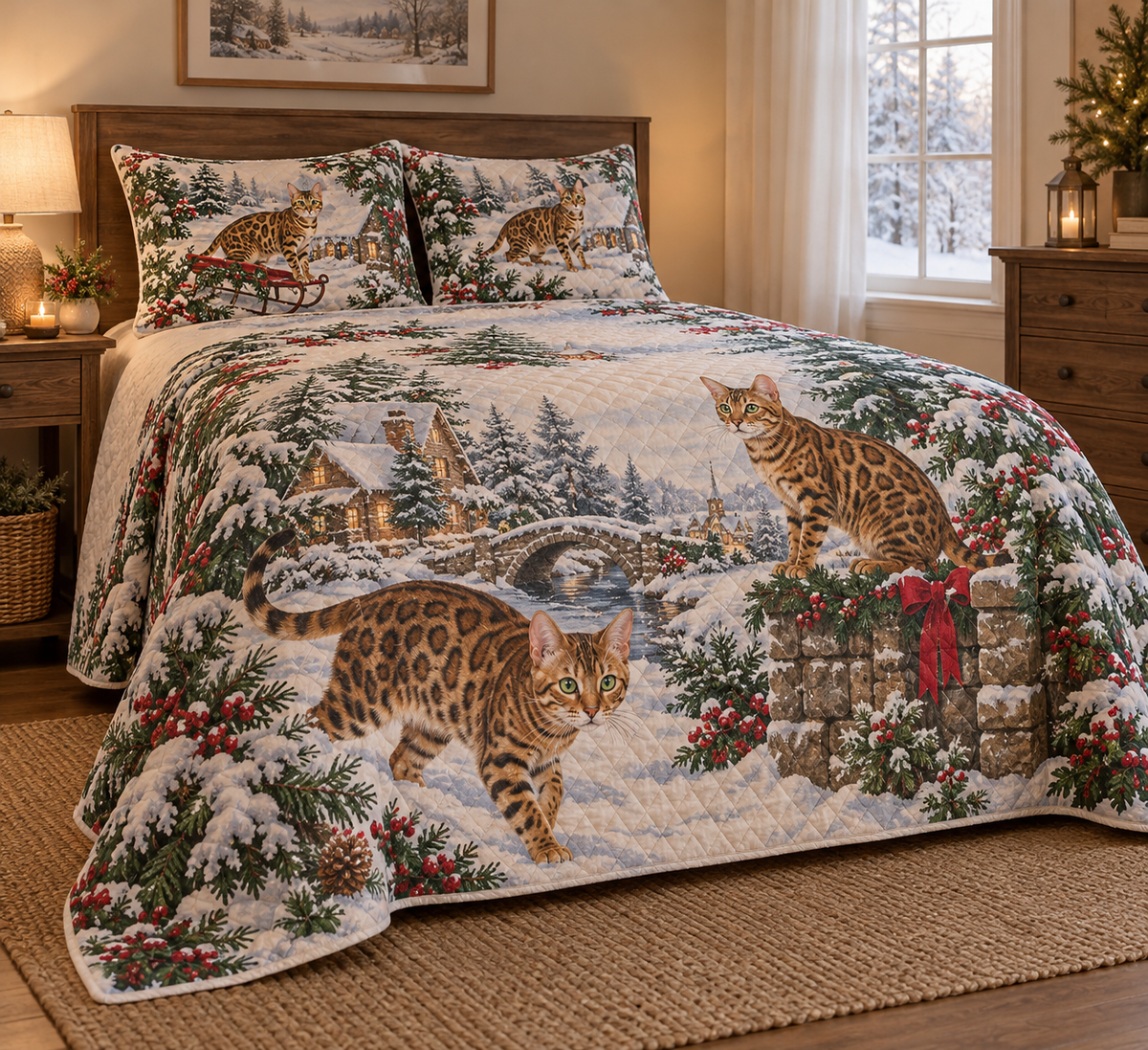 Bengal Cat Vintage Postcards Christmas Quilt Set, low side-angle bedroom view