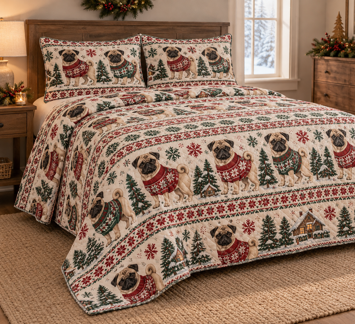 Pug Cozy Sweater Christmas Quilt Set, low side-angle bedroom view