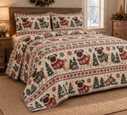 Pug Cozy Sweater Christmas Quilt Set, low side-angle bedroom view