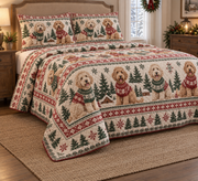 Labradoodle Cozy Sweater Christmas Quilt Set, low side-angle bedroom view